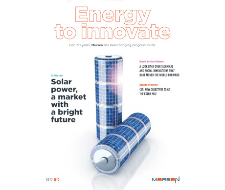 Mersen magazine front page with batteries made with solar panels